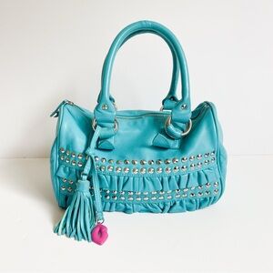 Vintage Y2K Betsy Johnson Turquoise Studded Ruffled Satchel Handbag with Tassel